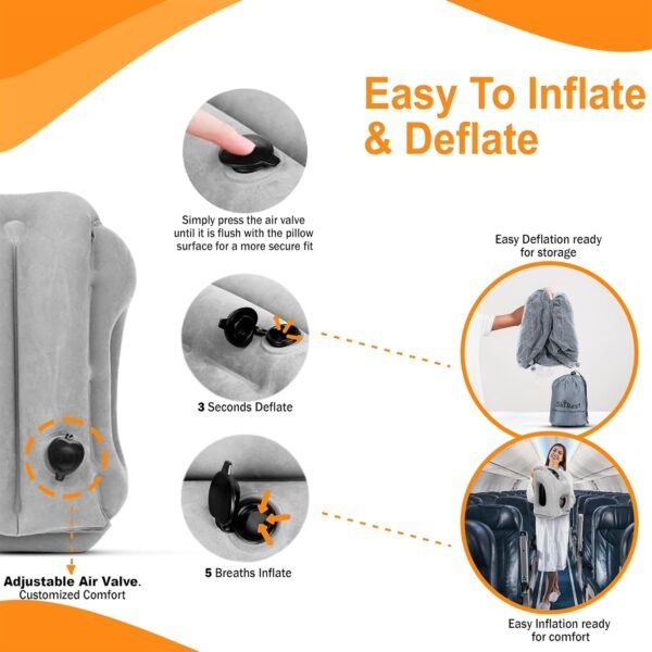 Inflatable Travel Pillow - Airplane Pillow for Neck Support on Long Flights, Buses, Cars, Office & Trains - Comes with Eye Mask, Earplugs & Portable Drawstring Bag - Grey - Image 4