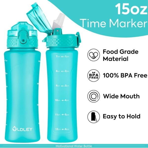 OLDLEY Kids Water Bottle with Straw for School Girls Boys, 15 oz Unbreakable Leak-Proof BPA-Free Motivational Water Bottles with Times to Drink for Travel Sports Gym, 1 Straw Lid, Mint - Image 4