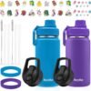 16 oz Kids Water Bottle with 4 Lids,2 Pack Water Bottles for School Kids,Metal Water Bottle Kids,Insulated Kids Thermos with Straw Lid,Straw Brush,Cute Stickers,Boys Girls Water Bottle