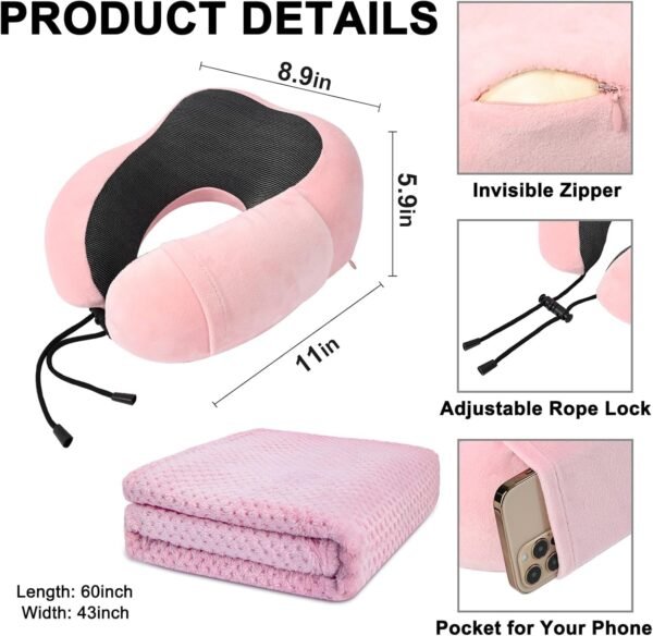 Travel Pillow and Blanket Set Neck Pillows Soft Blankets with Sleep Mask Travel Essentials for Airplane Car Memory Foam Pink - Image 4