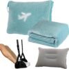 4 in 1 Travel Blanket and Pillow Set with Airplane Footrest - 350 GSM Thick Travel Blanket Airplane Compact with Bag, Inflatable Pillow, Foot Hammock for Plane Travel (Green)