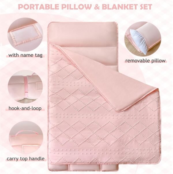 Toddler Nap Mat for Daycare Preschool Girls Boho Tufted Geometric Kids Sleeping Mat Pad Toddler Bedding Set Portable Baby Sleeping Bag with Pillow and Blanket for Travel Camping Outdoor - Image 2