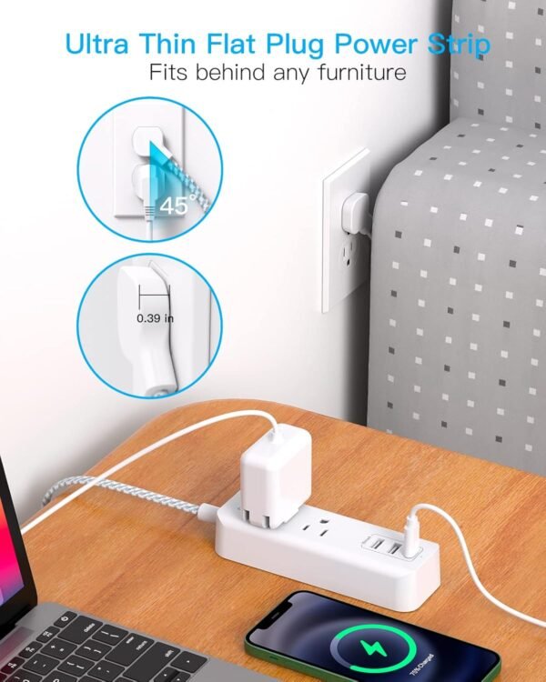 Cruise Essentials, USB C Travel Power Strip, Flat Plug Power Strip with 2 Outlets 3 USB Ports (1 USB C), 5ft Extension Cord Charging Station, Non Surge Protector for Cruise Ship, Travel, Home - Image 2