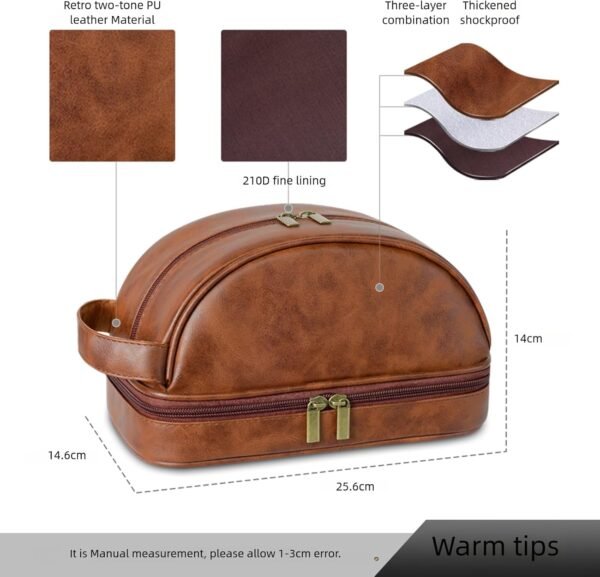Men Toiletry Bag,Waterproof Dopp kit hygiene bag for travel,leather shaving kit bag for Toiletries Accessories,Organizer for traveling Cosmetic Bag (Brown) - Image 4