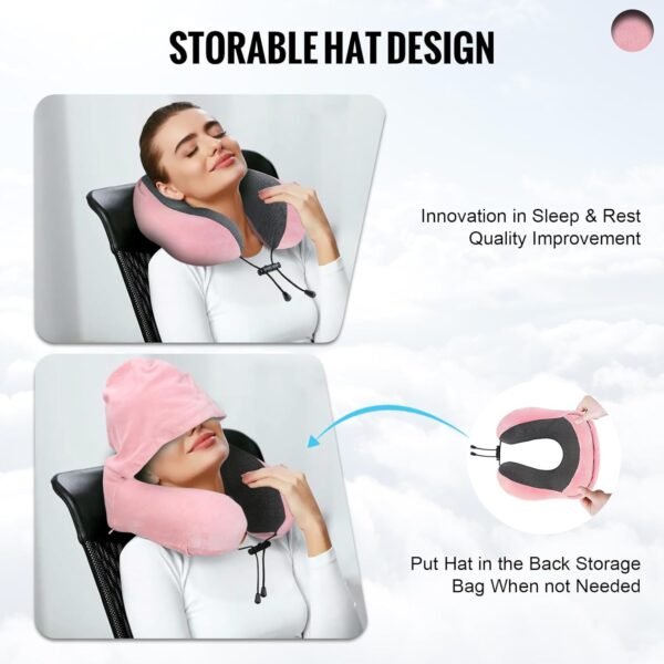 Travel Pillow, Neck Pillow for Travel with Hood for Airplane, Velvet Memory Foam Neck Pillow Women Lady Head & Neck Support, for Long Flights Plane, Office, Cars Sleeping & Rest (Pink) - Image 3