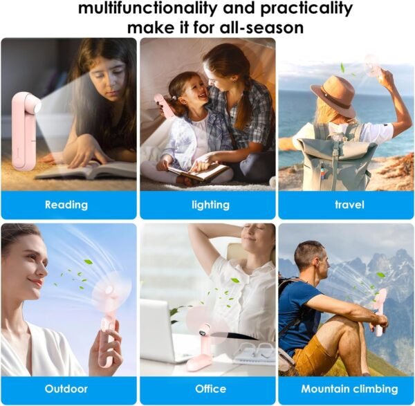 4 IN 1 Portable Handheld Fan,Personal Foldable Cooling Fan, Mini Pocket Fan,Desk Fan,Hand Fan,Flashlight,Power Bank,Table Lamp,Camping Travel Beach Fan, Birthday Gifts for Women Mom(Pink) - Image 7