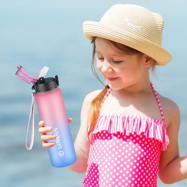 GOPPUS Kids Water Bottle with Straw Lid 17 oz Leak-proof BPA Free Motivational Time Marker Tritan Plastic Water Bottles for Girls Boys School Sports 2 Lids Pink Blue - Image 7
