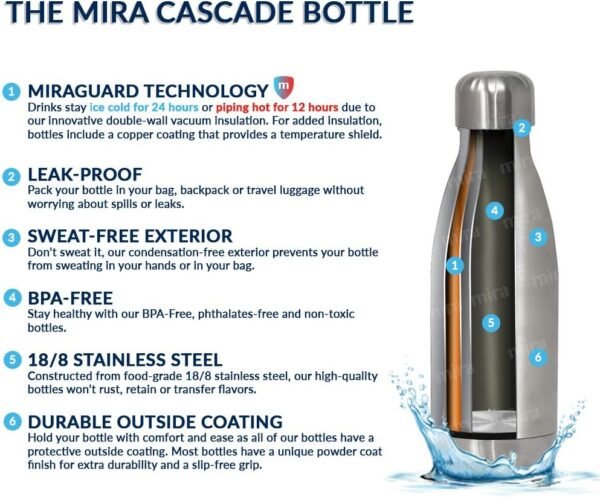 MIRA 12 oz Stainless Steel Vacuum Insulated Water Bottle - Double Walled Cola Shape Thermo - 24 Hours Cold, 12 Hours Hot - Reusable Metal Water Bottle - Kids Leak-Proof Sports Flask - Pearl Blue - Image 6