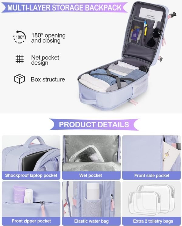 Travel Backpack for Women, Airline Approved Carry On Luggage As Personal Items, 17.3 inch Laptop School Backpack, Waterproof Weekender Bag, Hiking Backpack(Purple) - Image 5