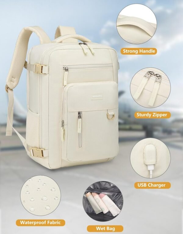 Travel Backpack for Women, Flight Approved Carry On Backpack with Shoe Pouch, TSA Personal Item Travel Bag Large Luggage Backpack Fits 17 Inch Laptop for Weekender Overnight, Beige - Image 5