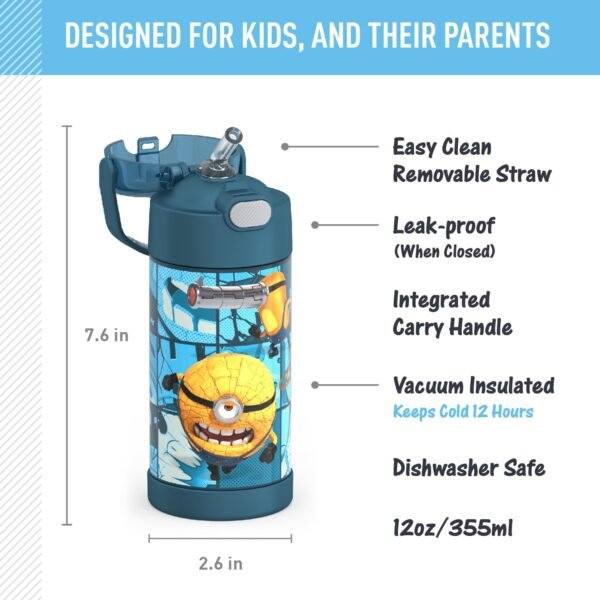 THERMOS FUNTAINER Water Bottle with Straw - 12 Ounce, Despicable Me 4 - Kids Stainless Steel Vacuum Insulated Water Bottle with Lid - Image 2
