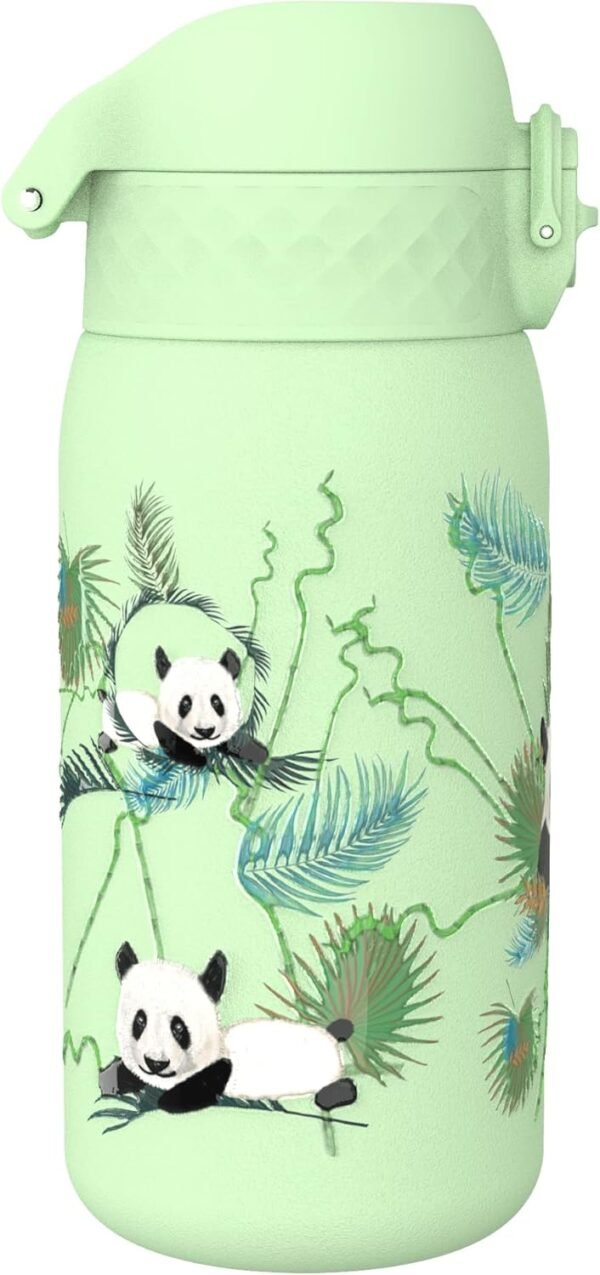 Ion8 Kids Water Bottle, Steel 400 ml/13 oz, Leak Proof, Easy to Open, Secure Lock, Dishwasher Safe, Flip Cover, Carry Handle, Easy Clean, Durable, Metal Water Bottle, Raised Print, Pandas Design - Image 4