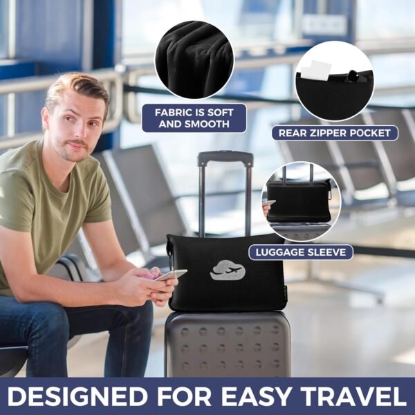 Travel Blanket Pillow with Pockets, Airplane Blanket Set, Plane Blanket Compact Packable, Flight Essentials Car Pillow - Travel Essentials Gift for Women and Men on Airplanes - Black - Image 3
