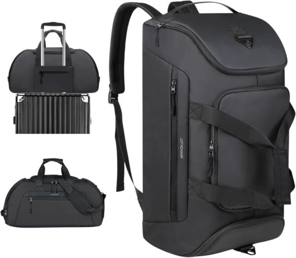 Travel Duffle Bag, 43L Gym Bags for Men, 4 in 1 Sports Gym Duffel Bag, Gym Backpack with Shoe Compartment, Waterproof Travel Weekender Overnight Bag For Football Backpack Carry on Luggage-Black