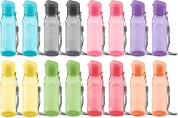 Bulk Water Bottles Set of 16 –10oz Multicolor Water Bottles for Kids and Adults – Leak Proof Water Bottles with Carry Strap – Square Reusable Water Bottles for Juice, Drinks – BPA-Free Dishwasher-Safe
