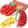 KLT Lacing Toy for Toddlers, Wooden Threading Toy Kids Travel Car Airplane Activities, Road Trip Essentials Games, Educational learning Fine Motor Skills Montessori Toys 1 Apple,1 Watermelon, 1 Cheese