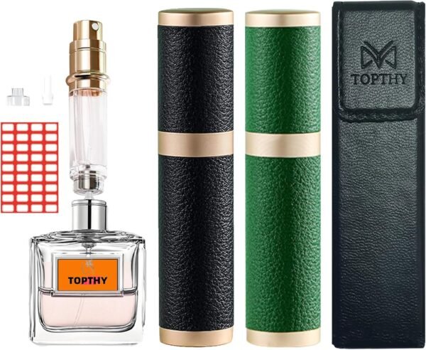 Perfume Travel Refillable Bottle Cologne Fragrance Scent Atomizer Bottom Pump Fill Perfume Sprayer 5ml Travel Essential with Gift Leather Case for Men Women (Black & Green)