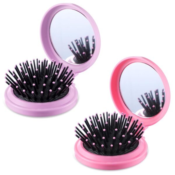 2Pcs Folding Brush with Mirror Travel Size Hair Brush Round Mirror Pocket Hair Brush Portable Pop Hairbrush for Women Travel Purse Small Compact Hair Massage Comb(Pink, Purple)
