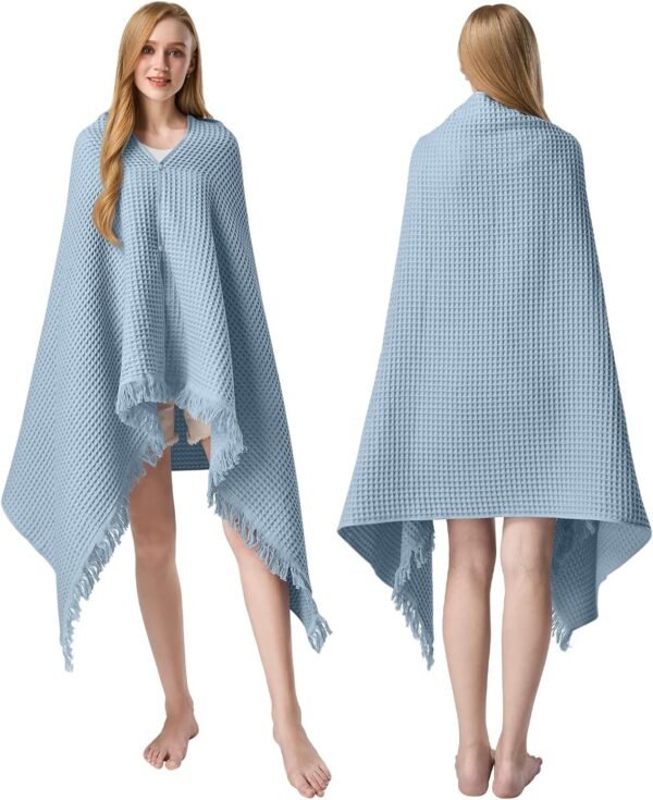 SIORO 2-Pack Waffle Weave Shawl Blanket Wearable Cotton Throw Blanket Waffle Bath Wrap with Tassels and Button
