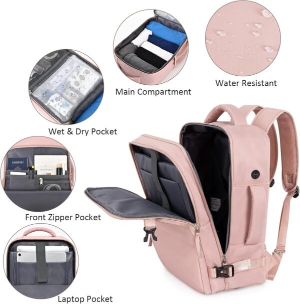 Travel Backpack, Peraonal Item Carry on Backpack Women Airline Approved Carry-ons, Waterproof College Backpack, Business Work Hiking Casual Bag, Fits 16" Laptop, Pink - Image 4