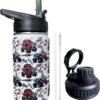 Monster Truck Kids Water Bottle for School with Straw Lid,12oz Stainless Steel Insulated Water Bottle for Boys & Girls,Leak Proof Lid with Handle & Touch Free Spout (A09)