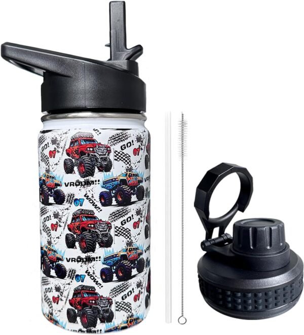 Monster Truck Kids Water Bottle for School with Straw Lid,12oz Stainless Steel Insulated Water Bottle for Boys & Girls,Leak Proof Lid with Handle & Touch Free Spout (A09)
