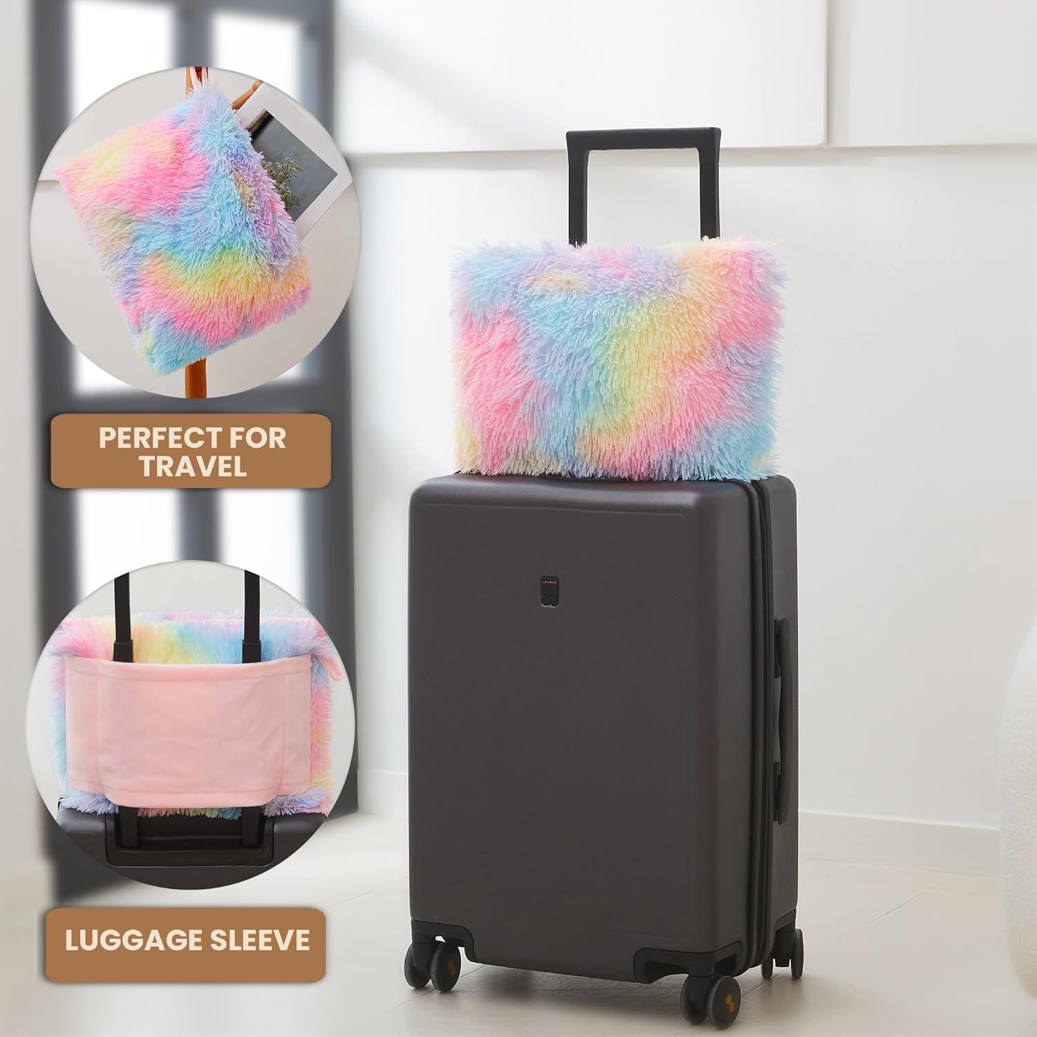 MEGO Fluffy Travel Blanket Pillow, Tie Dye Plush Velvet Airplane Compact Travel Blanket with Bag, 2 in 1 Faux Fur Travel Blankets with Luggage Backpack for Flight (50 x 60 Inch, Rainbow - Image 2