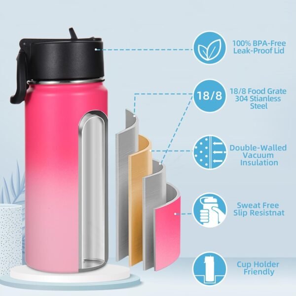 Volhoply 16oz Kids Multic Gradient Color Insulated Stainless Steel Water Bottle with Straw Lid,Double Wall Thermos for School with Handle,Reusable BPA-free Children Travel Flask(Assorted,4 Pack) - Image 4