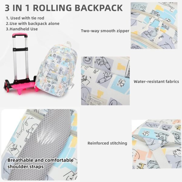 Mildame Rolling Backpack for Girls Boys, Kids Roller Wheels Bookbag for Elementary School Trolley Wheeled Luggage for Teens Travel - Image 6