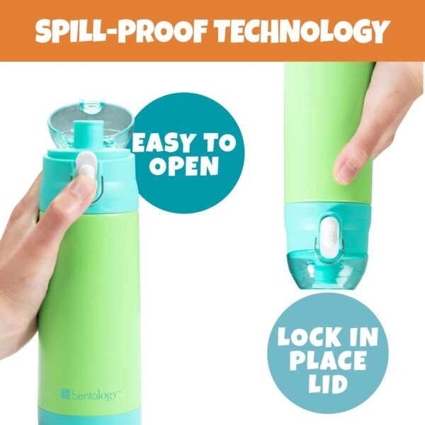 Bentology Stainless Steel 13oz Insulated Kids Water Bottle w Built In Straw- Easy to Open, Reusable BPA-Free, Fits in Most Lunch Boxes for Boys, Girls, School, Sports, Camp- Keep Drink Cold All Day - Image 2