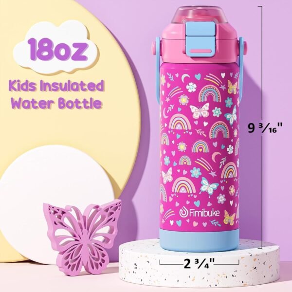 Fimibuke Kids Insulated Water Bottle with Pop-Open Straw & Spout 2-in-1 Lid, 18oz Leak Proof 18/8 Stainless Steel Vacuum Tumbler, BPA-Free Kids Cup For Travel School Boys Girls Toddler 2Packs, Macaron - Image 6