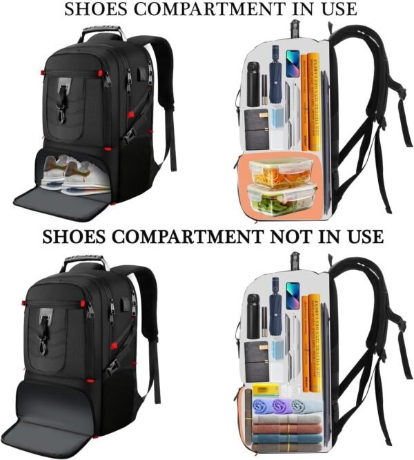 Travel Business Laptop Backpack for 18.4in PC with Shoe Compartment USB Charging Port,Sport Gym Bag for College Hiking Camping,Waterproof School Bookbag for Men Women Boys,Black - Image 3