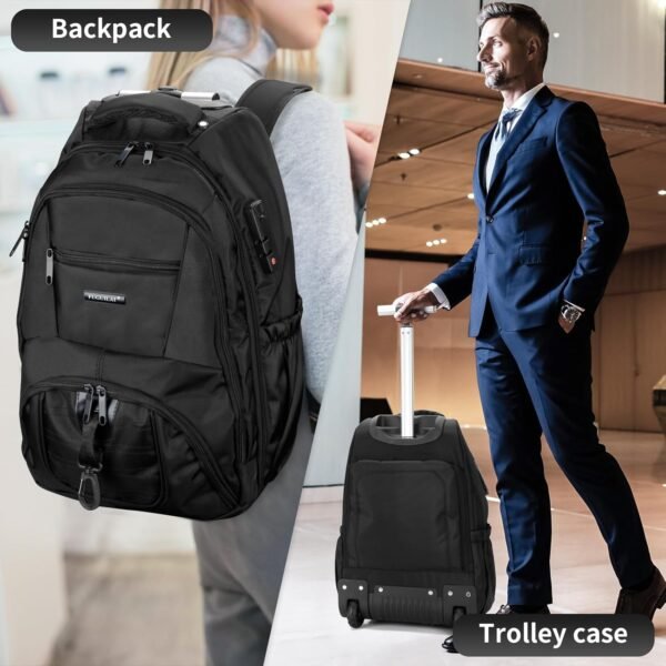 LemoHome Rolling Backpack,18 inch Water Resistant Wheeled Laptop Backpack,Carry on Luggage Business Bag,Trolley Suitcase for Men Women Adults to Travel (Black) - Image 6