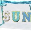 COSHAYSOO Clear Makeup Bag Preppy Sunscreen Pouch Beach Pool Summer Stuff Travel Cosmetic Toiletry Essentials Small Purse Organizer for Women Teenager Girl with Trendy Letter Patch Blue SUN