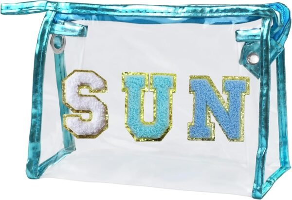 COSHAYSOO Clear Makeup Bag Preppy Sunscreen Pouch Beach Pool Summer Stuff Travel Cosmetic Toiletry Essentials Small Purse Organizer for Women Teenager Girl with Trendy Letter Patch Blue SUN