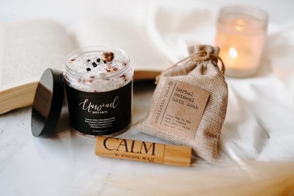 Relaxing Bath Gift Set, Luxury Spa Gifts for Women, Self Care Products for Women and Men, Calm Essential Oil Roller, Oatmeal Lavender Bath Soak & Epsom Salts with Essential Oils - Image 4