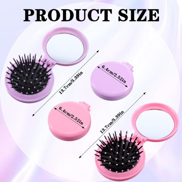 2Pcs Folding Brush with Mirror Travel Size Hair Brush Round Mirror Pocket Hair Brush Portable Pop Hairbrush for Women Travel Purse Small Compact Hair Massage Comb(Pink, Purple) - Image 2