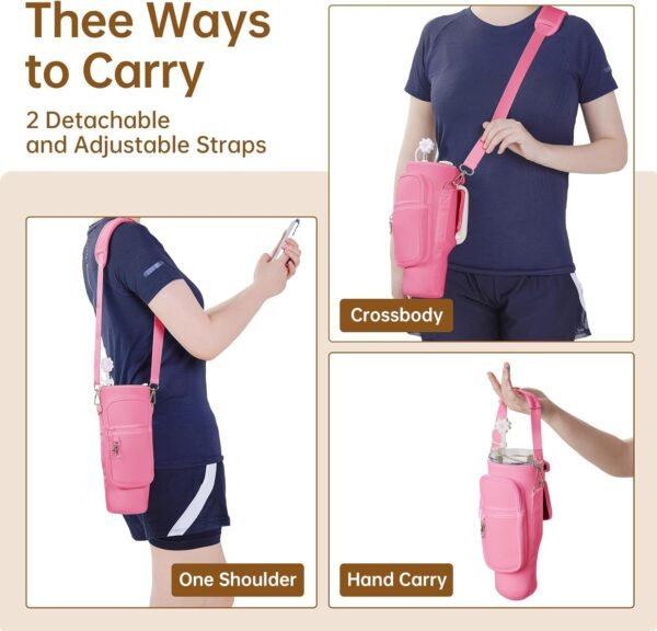 Water Bottle Carrier Bag with Phone Pocket for Stanley 40 oz Tumbler Neoprene Water Bottle Sling Sleeve Holder for Stanley Cup Accessories with 1 Straw Cover & 2 Straws & 1 Brushes (Pink) - Image 6