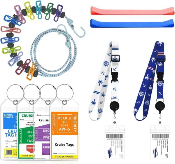 Cruise Ship Essentials, Cruise Luggage Tags, Lanyards for Cruise Ship Cards, Beach Towel Bands, Travel Clothesline, Cruise Essentials Set Works with All Cruise Lines