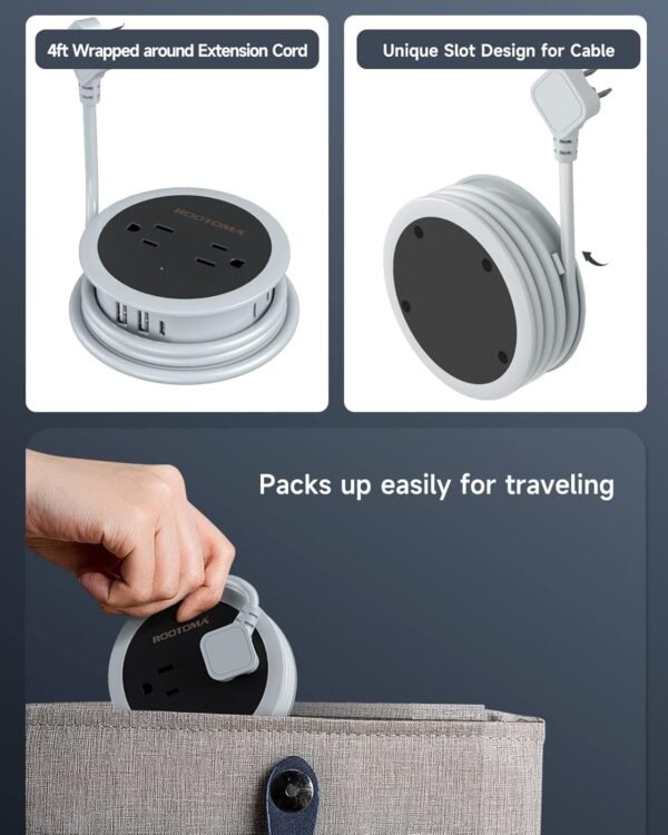 Travel Power Strip with USB Ports, 4 FT Winding Flat Plug Extension Cord with 4 AC Outlets, 3 USB (1 USB C), Portable Power Strip, Compact for Travel, Dorm Room, Cruise Essentials, Travel Gear, Grey - Image 5