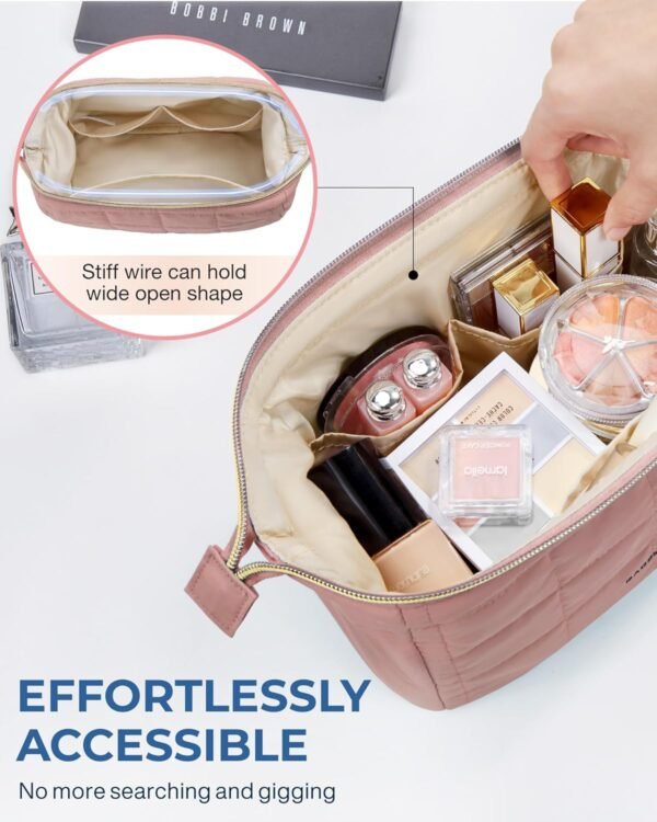 BAGSMART Makeup Bag Travel Cosmetic Bag, Puffy Padded Make Up Bags for Women Makeup Organizer Case, Wide-open Pouch Purse Travel Essentials Toiletries Accessories Brushes, Dark Pink - Image 4