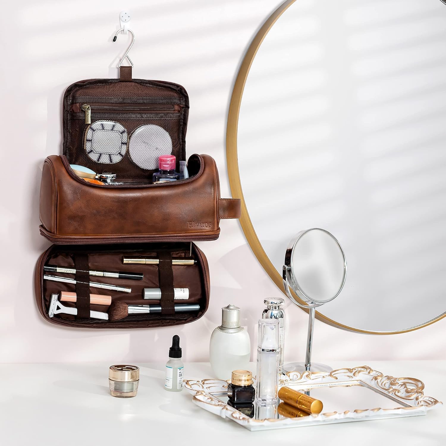 Elviros Toiletry Bag, Mens Leather Travel Organizer Kit with hanging hook, Large Water-resistant Toiletries Bathroom Shaving Bags for Women (Dark Brown) - Image 6