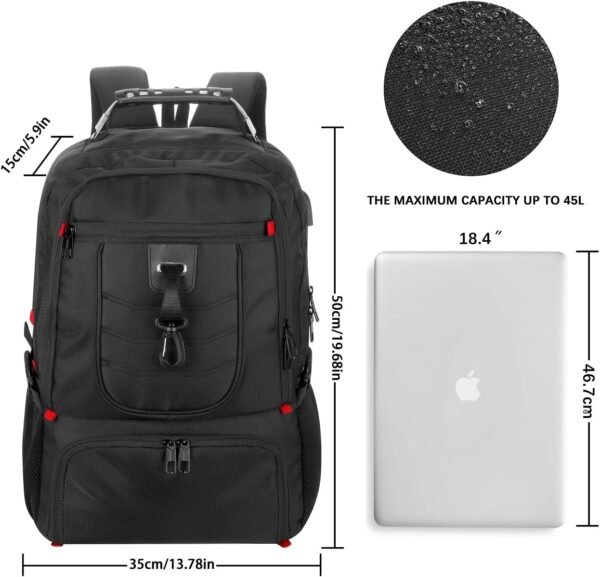 Travel Business Laptop Backpack for 18.4in PC with Shoe Compartment USB Charging Port,Sport Gym Bag for College Hiking Camping,Waterproof School Bookbag for Men Women Boys,Black - Image 6