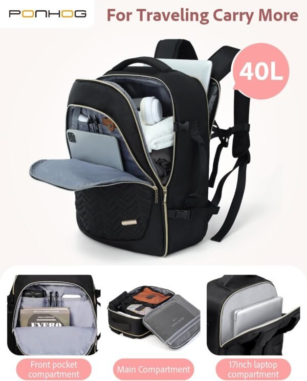 Large Travel Backpack for Women - Travel Backpack Carry on Flight approved 40L Personal Item with 6 Packing Cubes fit 17 inch Laptop Water Resistant Business College Backpacks Black - Image 5