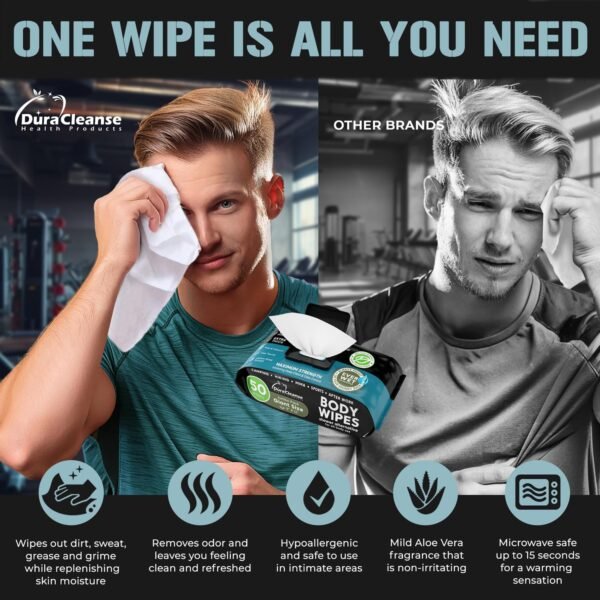 Body Wipes for Men - 50 XL No Rinse Shower Wipes + 4 Travel Bath Wipes - 9"x12" After Gym Wipes - Mens Deodorant Wipes - Face Wipes for Men -For Camping Essentials, Survival Gear and Supplies - Image 7
