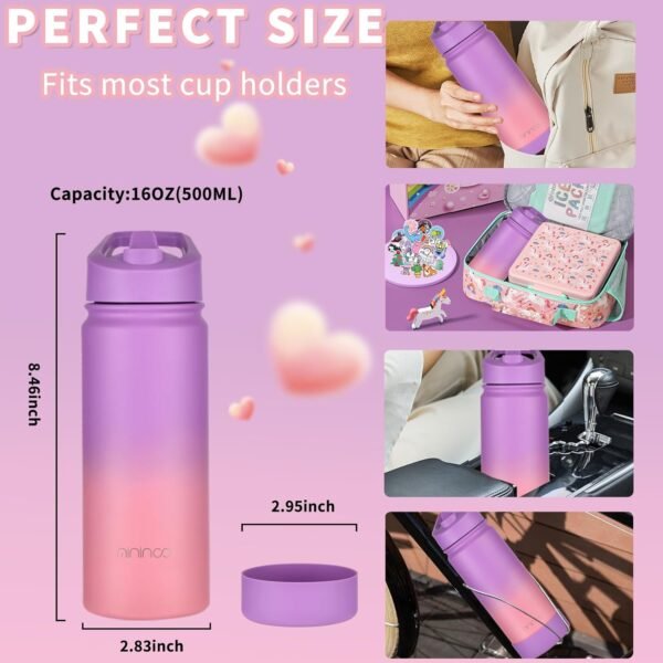 Mininoo Insulated Kids Water Bottle, 16oz Stainless Steel Water Bottle Kids with Paracord Handle for Girls, Boys（Purple/Pink） - Image 7