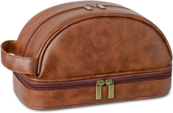 Men Toiletry Bag,Waterproof Dopp kit hygiene bag for travel,leather shaving kit bag for Toiletries Accessories,Organizer for traveling Cosmetic Bag (Brown)