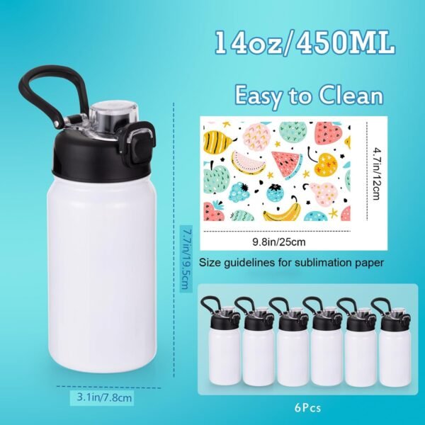 Kids Sublimation Water Bottle Blanks with Spout Lid & Handle, 6 Pack 14oz Personalized Insulated Water Bottles Bulk, One-Click Open, DIY Gift for Boys Girls to School Sports Travel Camping, White - Image 4
