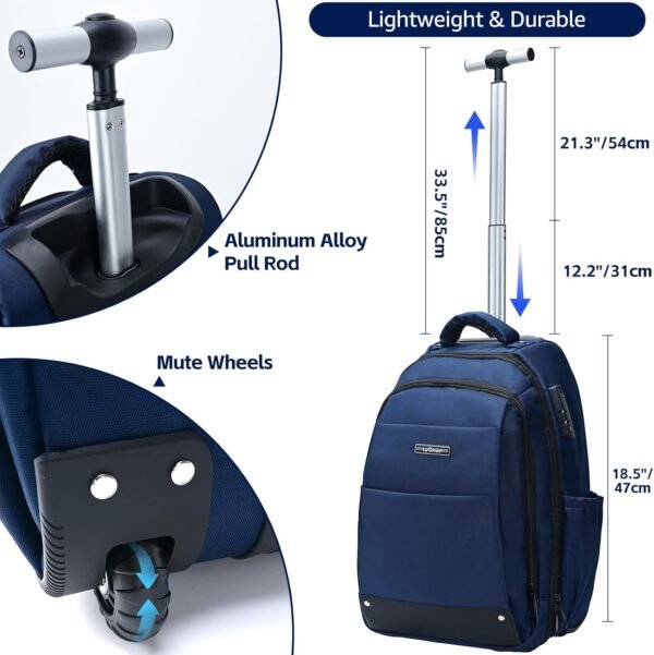 lychee Rolling Backpack-Adult Business Laptop Backpack with Wheels-18 inch Invisible Shoulder Strap Waterproof Backpack with Roller-Trolley Suitcase Travel Bag,Blue - Image 2