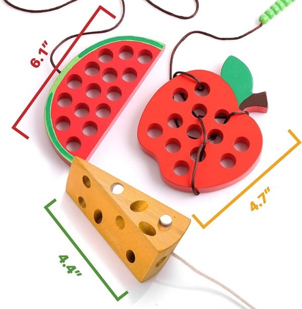 KLT Lacing Toy for Toddlers, Wooden Threading Toy Kids Travel Car Airplane Activities, Road Trip Essentials Games, Educational learning Fine Motor Skills Montessori Toys 1 Apple,1 Watermelon, 1 Cheese - Image 2